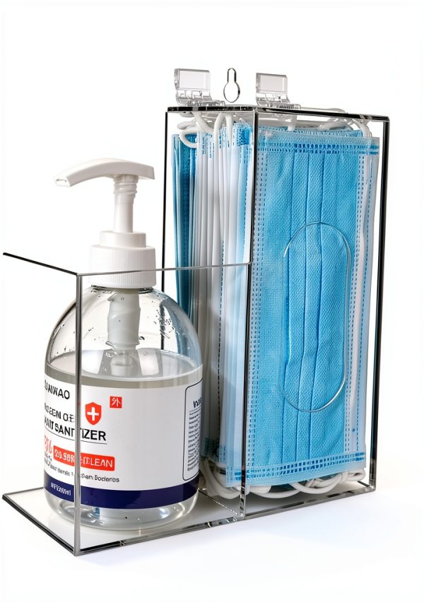 Acrylic Mask Dispenser & Hand Sanitizer Holder Stand Wall Mount or Countertop, Hygiene Station with 2 Compartment Clear Box Dispenser Holder for Face Masks, Gloves, Hairnets, Spray Bottle-3