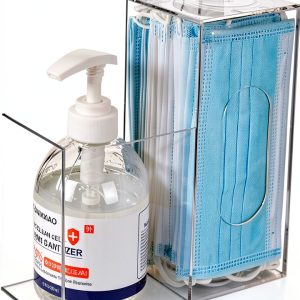 Acrylic Mask Dispenser & Hand Sanitizer Holder Stand Wall Mount or Countertop, Hygiene Station with 2 Compartment Clear Box Dispenser Holder for Face Masks, Gloves, Hairnets, Spray Bottle-0