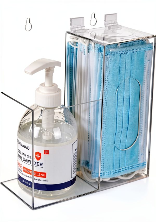 Acrylic Mask Dispenser & Hand Sanitizer Holder Stand Wall Mount or Countertop, Hygiene Station with 2 Compartment Clear Box Dispenser Holder for Face Masks, Gloves, Hairnets, Spray Bottle-0