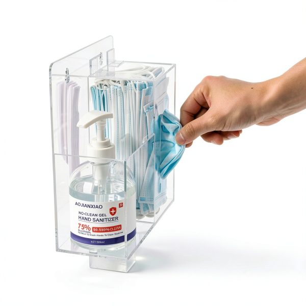 Acrylic Mask Dispenser & Hand Sanitizer Holder Stand Wall Mount or Countertop, Hygiene Station with 2 Compartment Clear Box Dispenser Holder for Face Masks, Gloves, Hairnets, Spray Bottle-2
